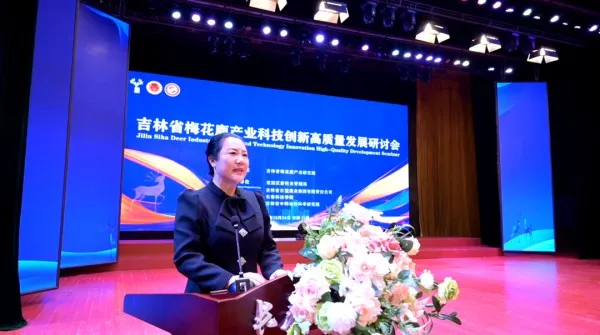 Ван Яньмэй, декан Цзилиньского научно-исследовательского института пятнистой оленеводческой промышленности, выступил с докладом о работе Научно-исследовательского института пятнистой оленеводческой промышленности